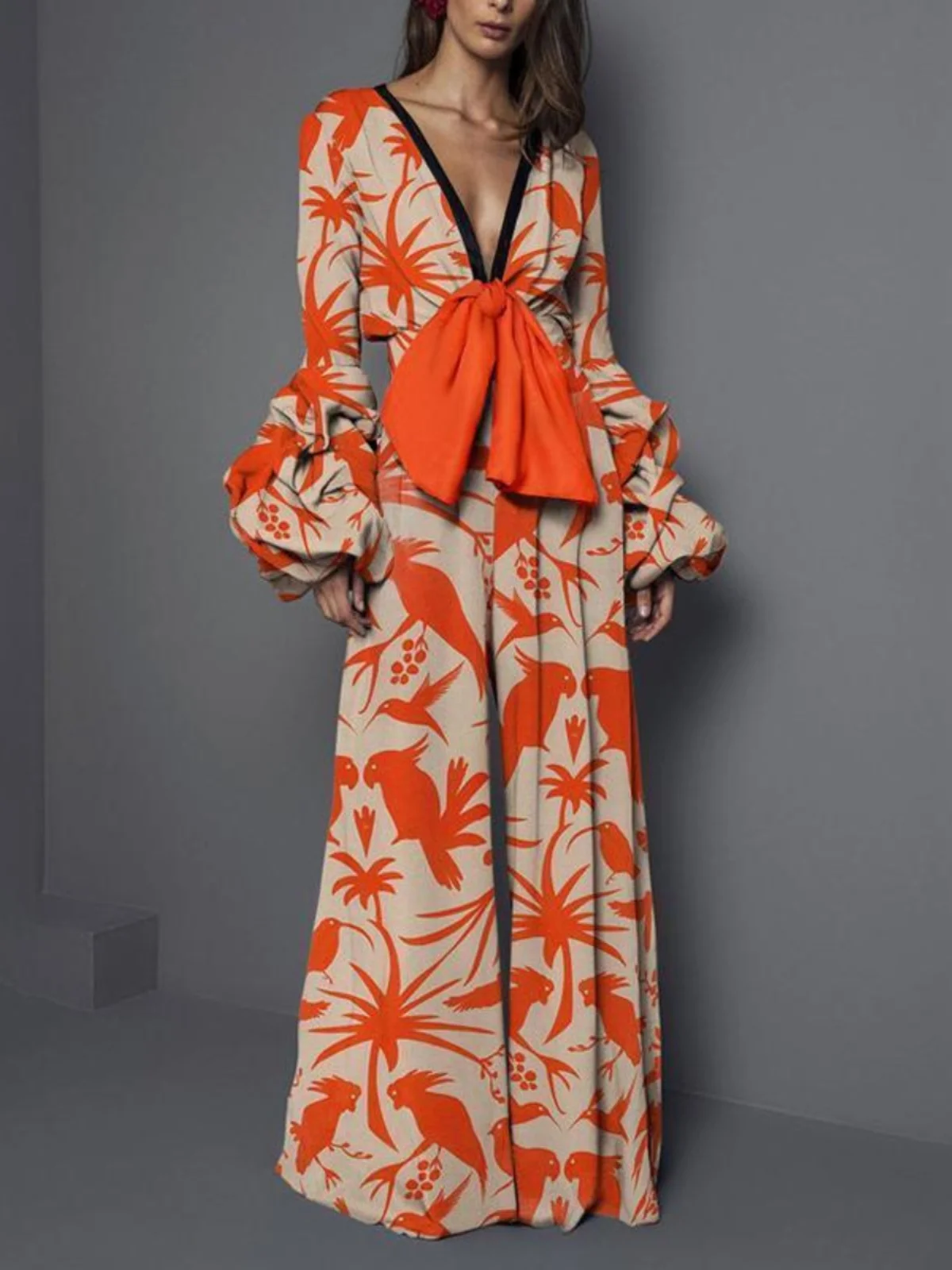 

Сексуальный комбинезон с принтом и высокой талией, широкие брюки, модный женский цельный костюм из полиэстера с длинными рукавами