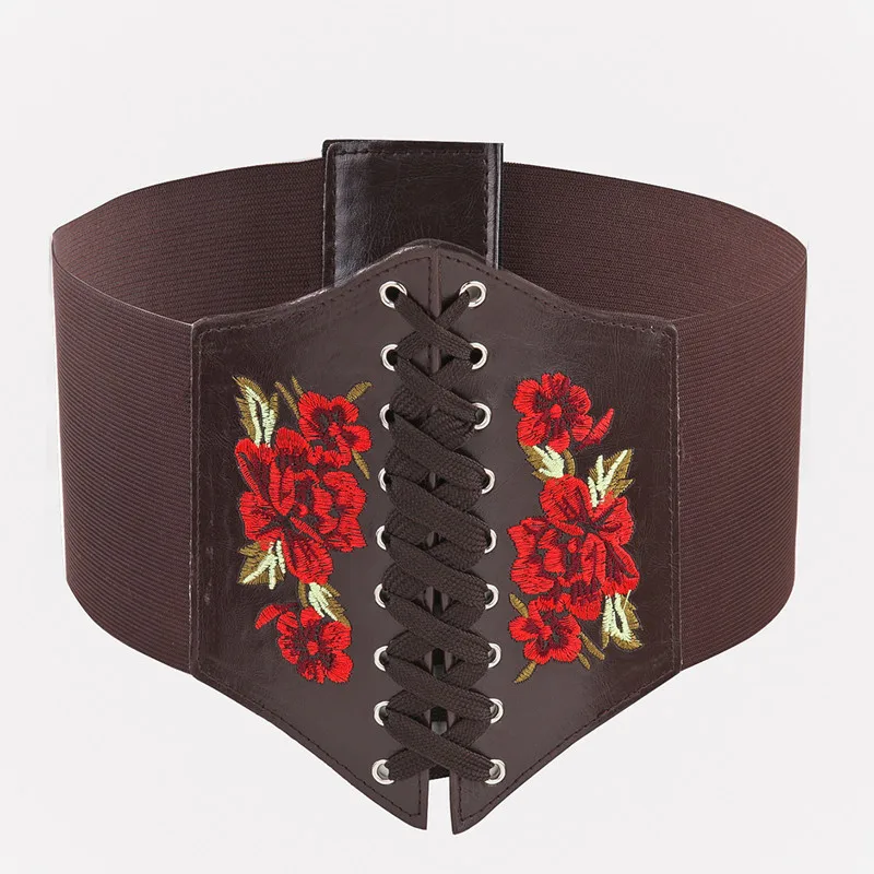 Fashion Luxury Rose Embroidery Wide Belt Retro 90s Vintage Designer Woman Belt Dress Corset Aesthetic Elastic Waistband Ladies