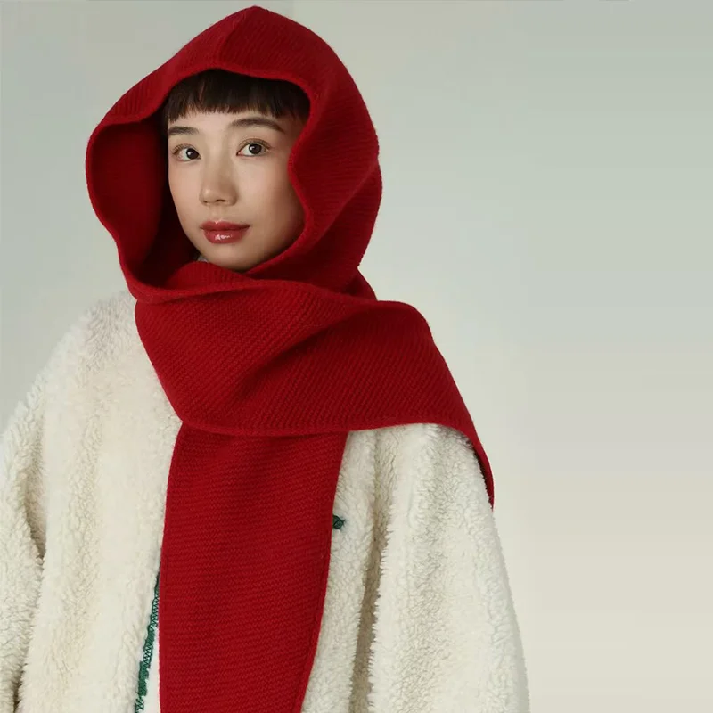 وشاح بغطاء للرأس حراري مقاوم للرياح من الصوف 100% باللون الأحمر للتزلج وركوب الدراجات قناع وجه شتوي وتدفئة الرقبة معدات الطقس البارد