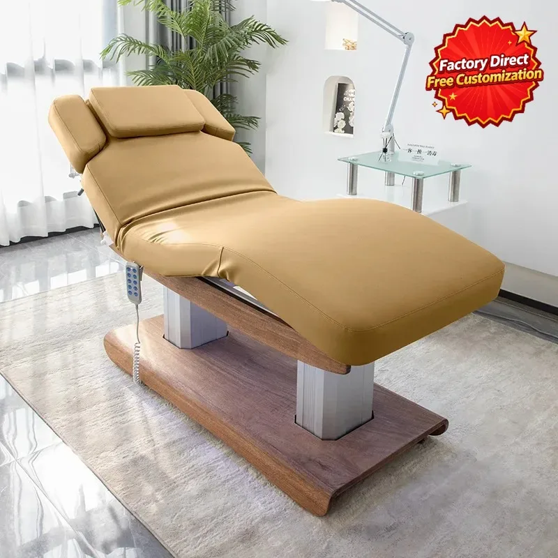 Electric Massage Bed Adjustable Facial Beauty Bed 4 Motor Lift Wooden Base PU Leather Spa Salon Treatment Table for Lash Tattoo
