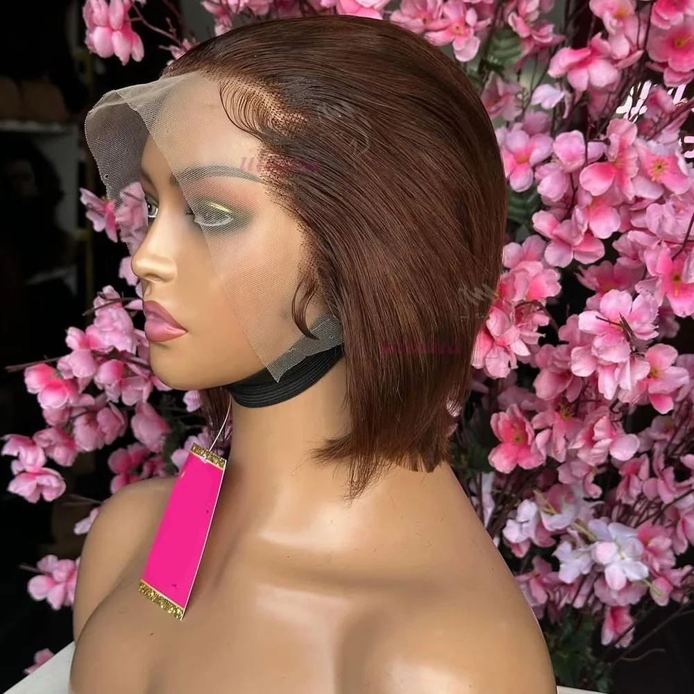 Ombre T1B/4 Braun Kurze Pixie-Cut-Perücken für Frauen Echthaar 200% Glatt Schokoladenbraun Lace-Front-Bob-Perücke Brasilianisches Remy-Haar – Detail 8