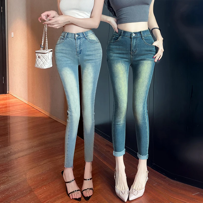 

High Waist Comfortable Elastic Slim Fit Jeans Korean Sle Versatile Cotton Denim Pants Women's Skin-friendly Breathable