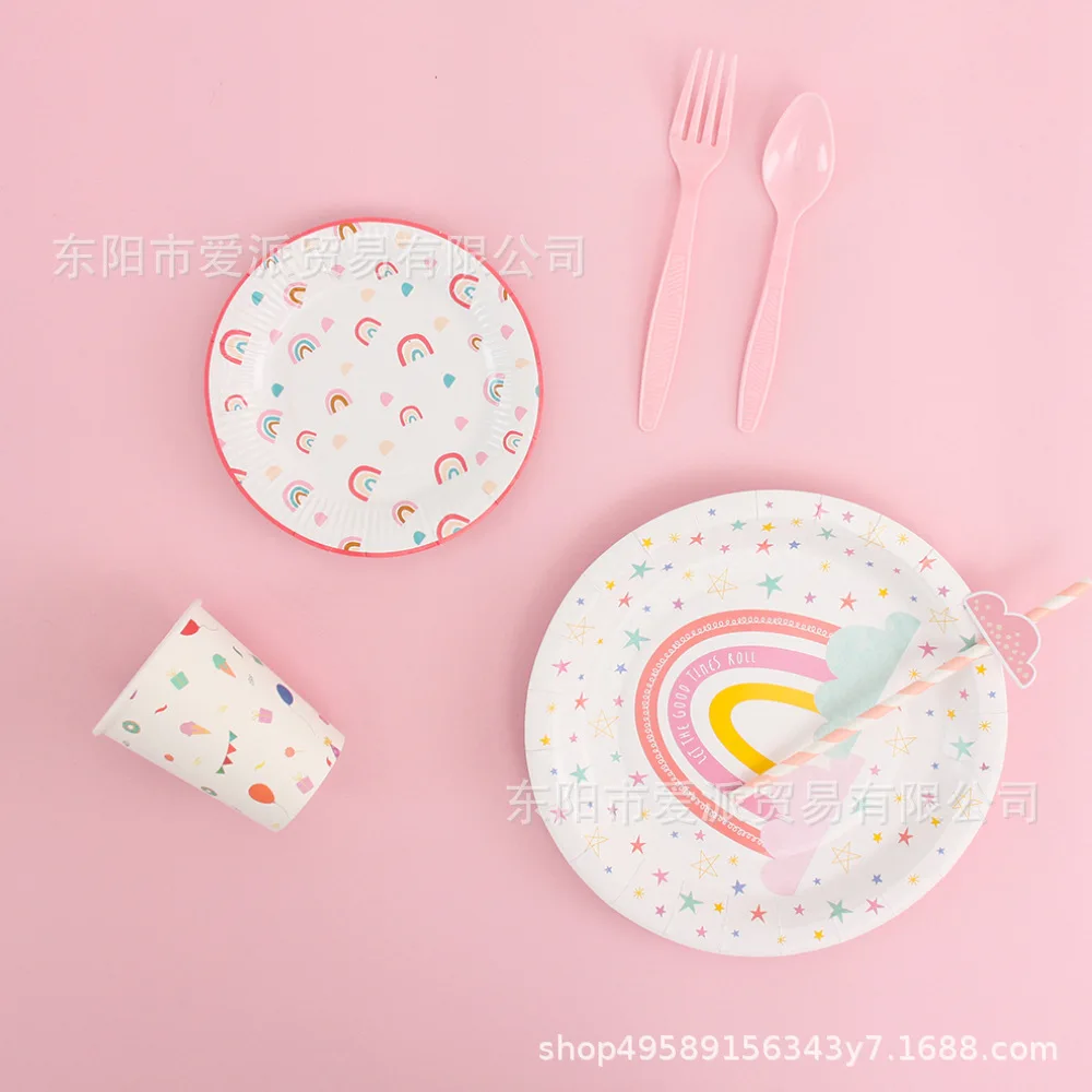 Rainbow Stars Pattern Disposable Tableware Cartoon Rainbow Cloud Plates Napkins Kids Girls Happy Unicorn Birthday Party Supplies