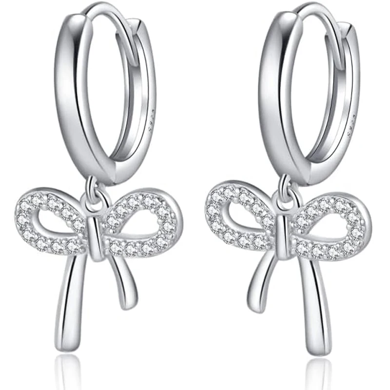 925 Sterling Silver Plated Bow Drop Hoop Earrings for Women Teens Bowknot Hoop Huggie Ribbon Earrings Jewelry Gifts for Her