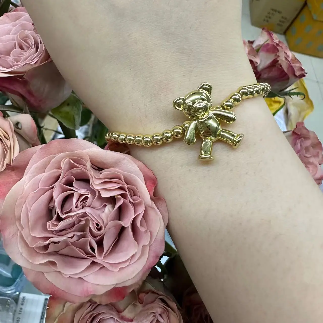 HECHENG, Cute Bear Beads Bracelet,Brass 18K Gold Plated Bracelet for Women,Love Bear lucky Jewelry