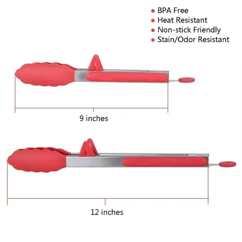 LMETJMA Kitchen Cooking Tongs Heat Resistant Stainless Steel BBQ Tong with Silicone Tips and Stand Design For Salad Grill KC0254