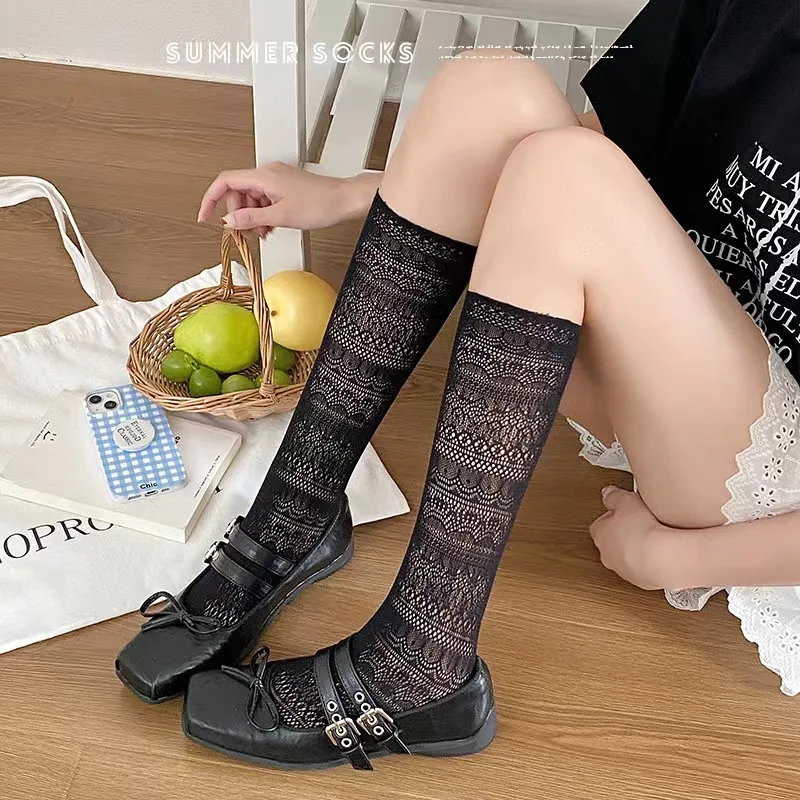 1/4 Pairs Women Lace Trimmed Knee High Socks Summer Hollow out Design Lightweight Breathable Soft Comfortable Casual Socks
