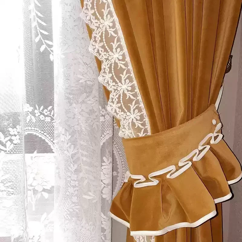 

French Ginger Retro Lace Stitching Velvet Curtains For Living Room Bedroom Floor-to-ceiling Windows Customization White Tulle
