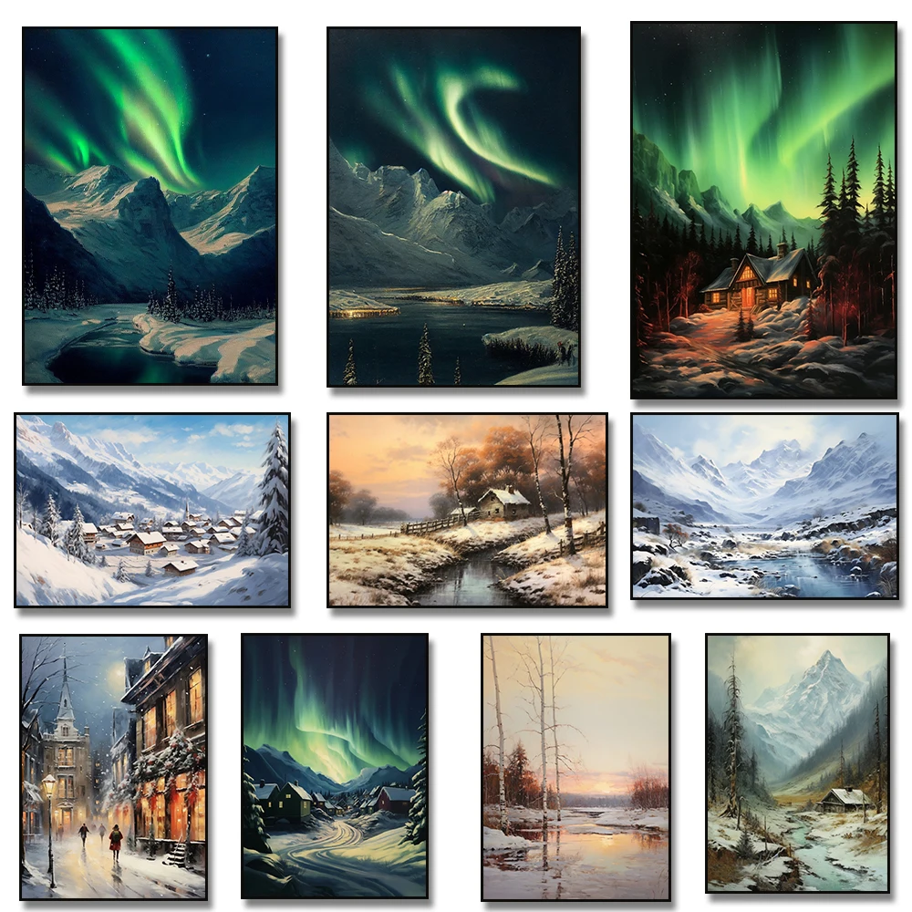 Winter in Snowy Valley Alps Mountains Scenery in Winter Nature Landscape Aurora Borealis Canvas Painting Wall Art Home Decor
