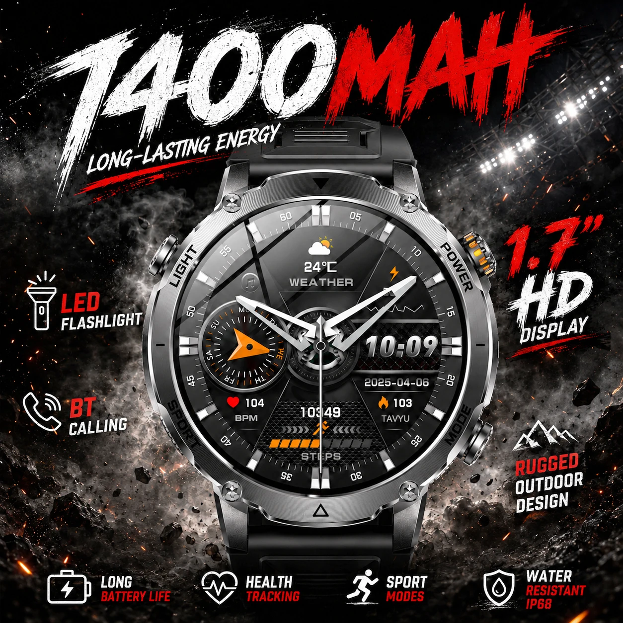 2026 Neu Herren 1400mAh Großkapazitäts-Akku Smartwatch Outdoor 1,7-Zoll HD-Display LED-Taschenlampe BT-Anruf IP68 Wasserdichte Smartwatch