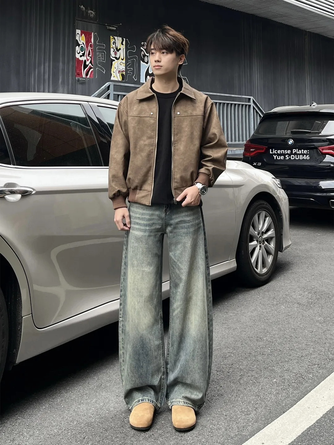 

Retro Blue Fce Lined Men's Straight Leg Jeans High Street Vibe Knife Casual Wear Youth Zipper Fly Denim Pants