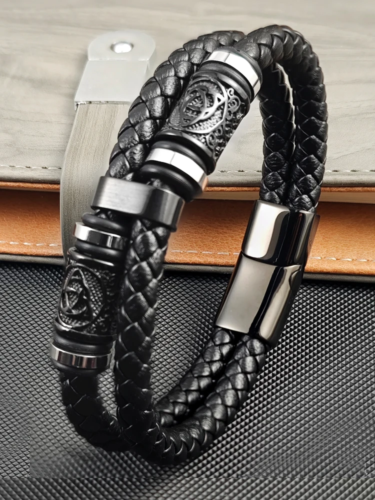 Bracelet en cuir pour homme en acier inoxydable avec symboles combinés, double tressage, idéal pour les garçons élégants, cadeaux d'anniversaire