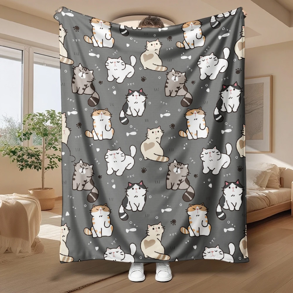Cute Cat Pattern, for Cat Lovers, Soft Blanket, Grey Background with Adorable Kittens, Multi-Purpose Home Decor, Cozy Gift