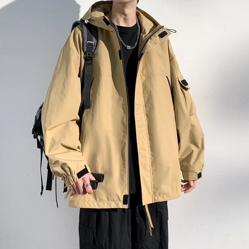 Korean-style New Men's Jacket Black Hooded Coat Casual Outdoor Couple Climbing Windproof Waterproof High Neck Zipper windbreaker