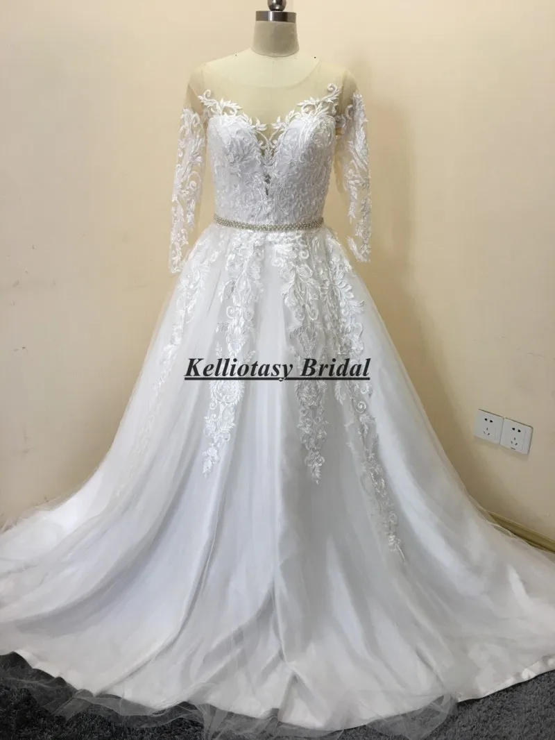 

Kelliotasy Custom Made Wedding Dresses Real Sample Aline Lace Appliqued Bridal Dress 2025 Beaded Belt