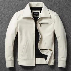 Chaqueta de piel de becerro con solapa blanca para hombre, abrigo de cuero de vaca Natural, capa superior ajustada, chaqueta de motorista