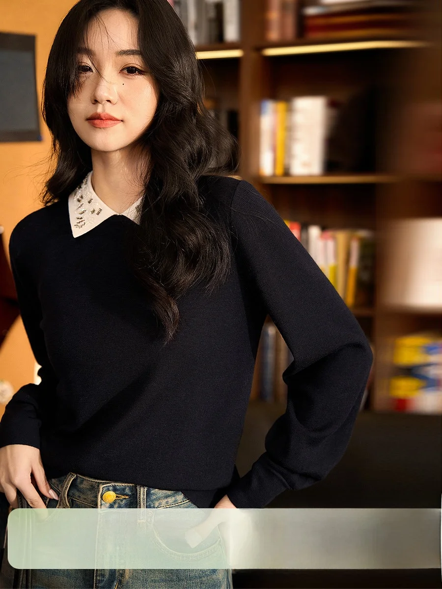 

Xhange Soft Wool Knitted Sweater with Embroidered Collar oulder Width Regular Long Sve Ladies Faion Commute Sle