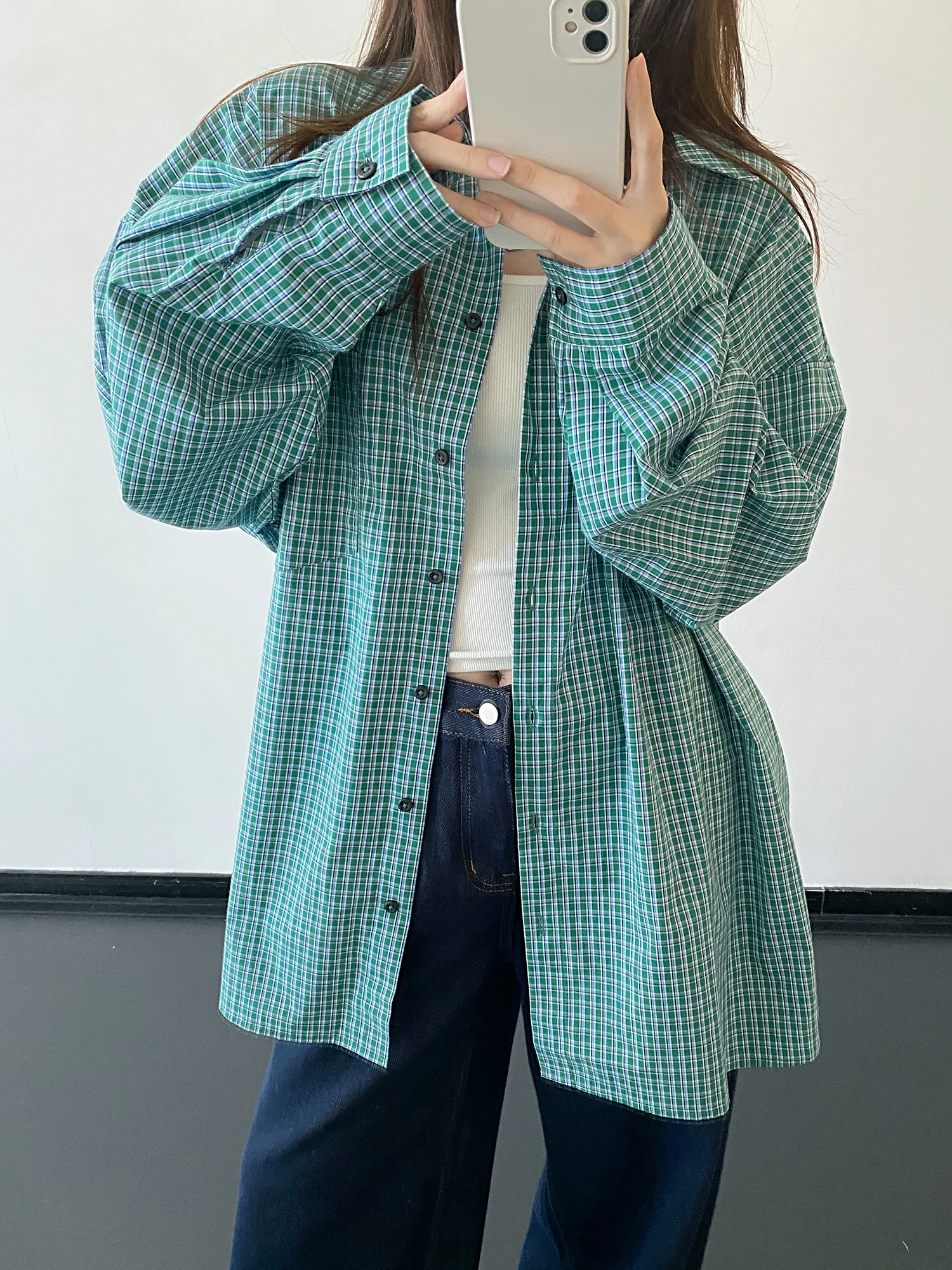 

Sun68 Women's Plaid Long Sve irt Spring Summer White Enhancing Inner Wear Vintage Versatile Korean Sle Loose Fit