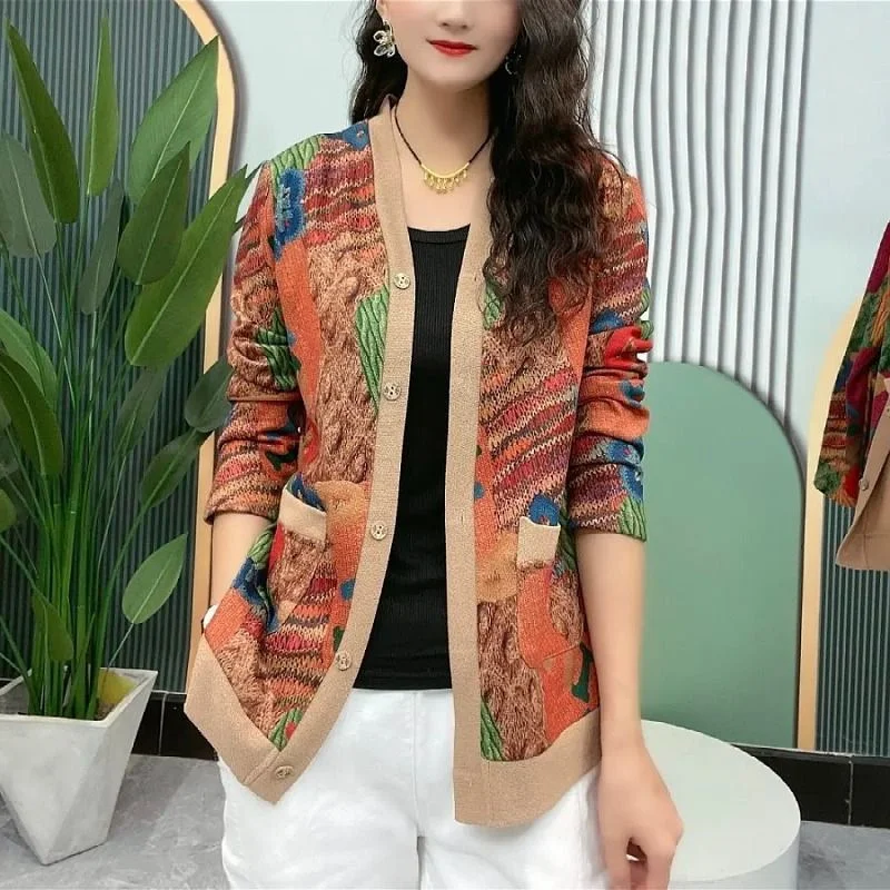Women Knitted Sweater High-densit Thin Velvet Cardigan Spring Autumn Mother\'s Short Jacket, 2023 Vintage Long Sleeved Printing