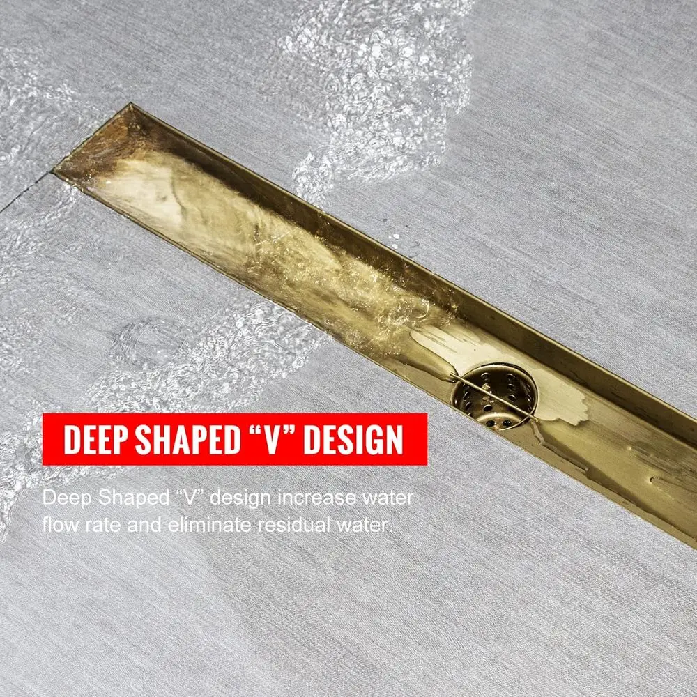 18 Inch Brushed Gold Shower Drain with Invisible Tile Insert Panel and Hair Strainer