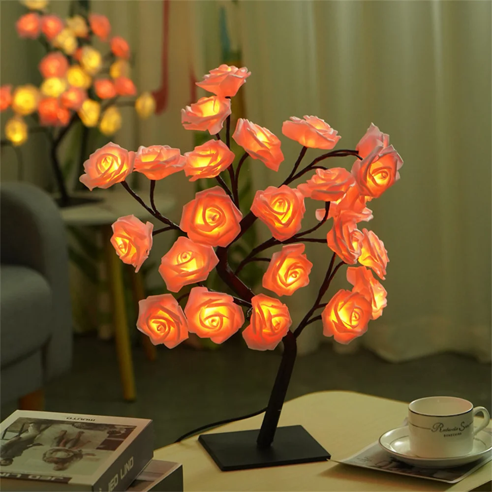 24 LED Rose Flower Tree Lights USB Table Lamp Fairy Night Light Home Party Christmas Wedding Bedroom Decoration Gift