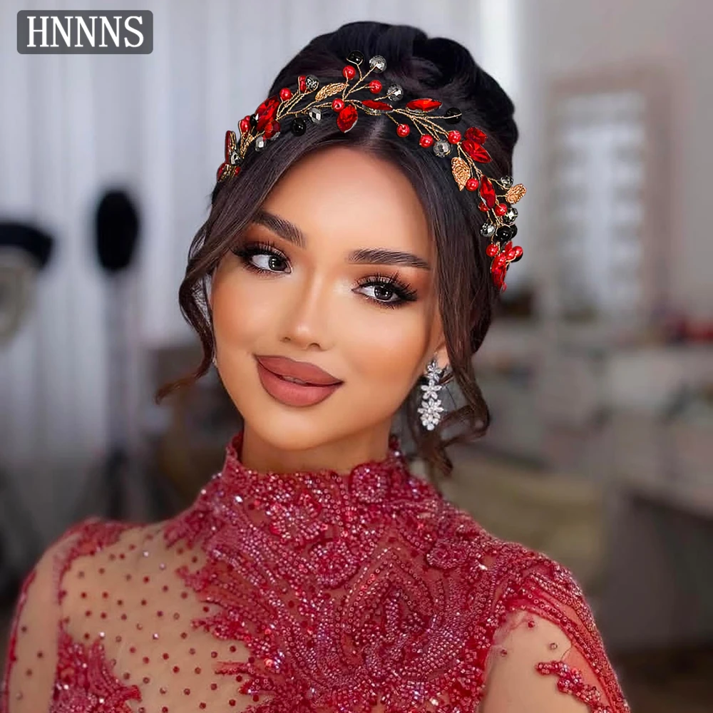 

HNNNS Elegant Rhinestone Headbands Red Beaded Hairbands for Bridal Wedding Girls Birthday Party Hair Jewelry Accessories A233