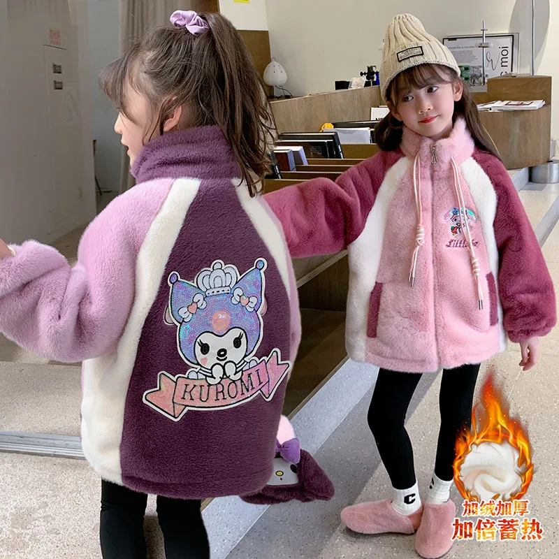 Anime Kawaii Sanrios My Melody Kuromi Winter Girl Fleece Jacket Kid Warm Thickened Cotton Top Cartoon Cute Plush Toddler Clothes