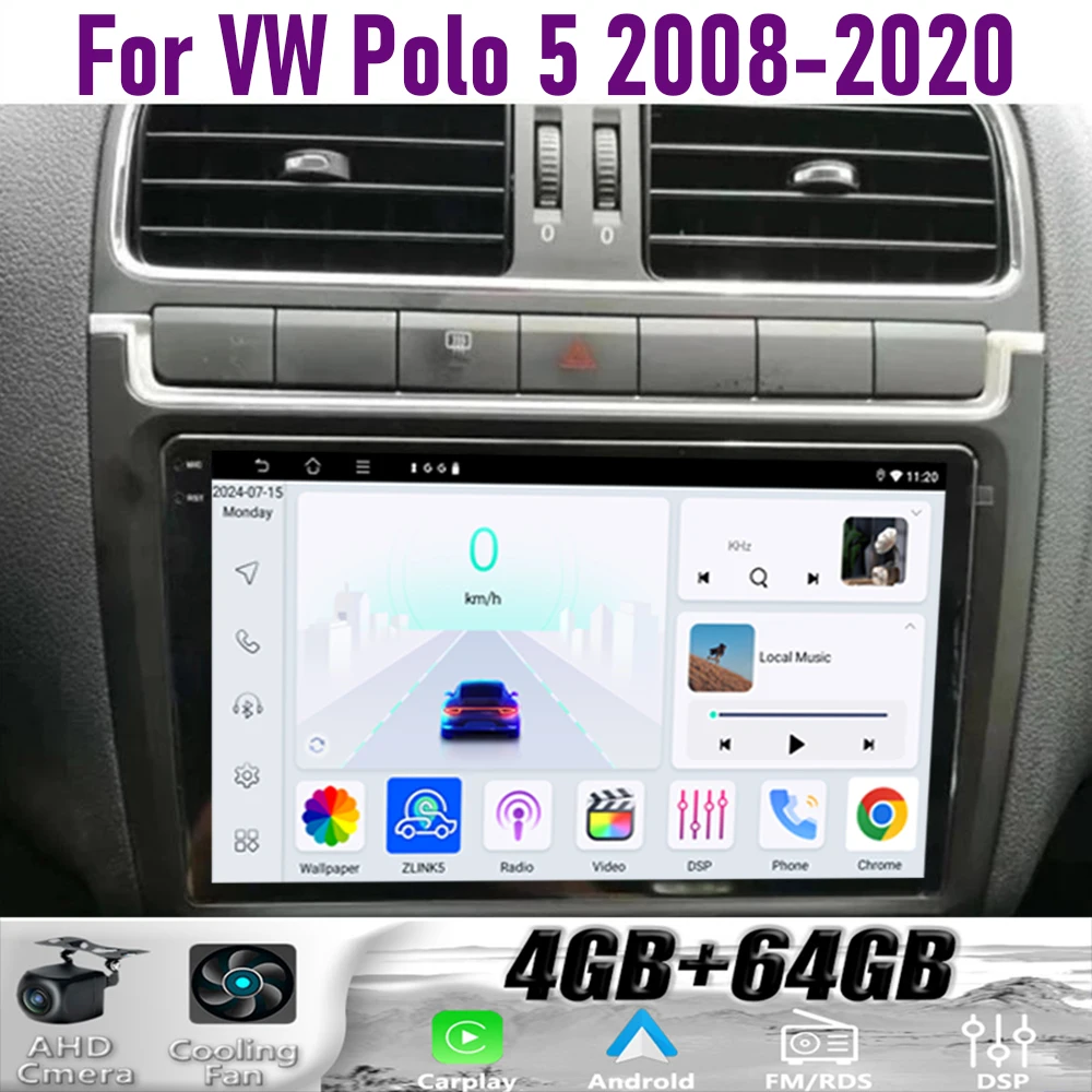

GPS 9" For VW Polo 5 2008-2020 Wireless CarPlay Android 15 Car Radio WIFI Multimedia Player Head Unit Google Map Camera 4GB+64GB