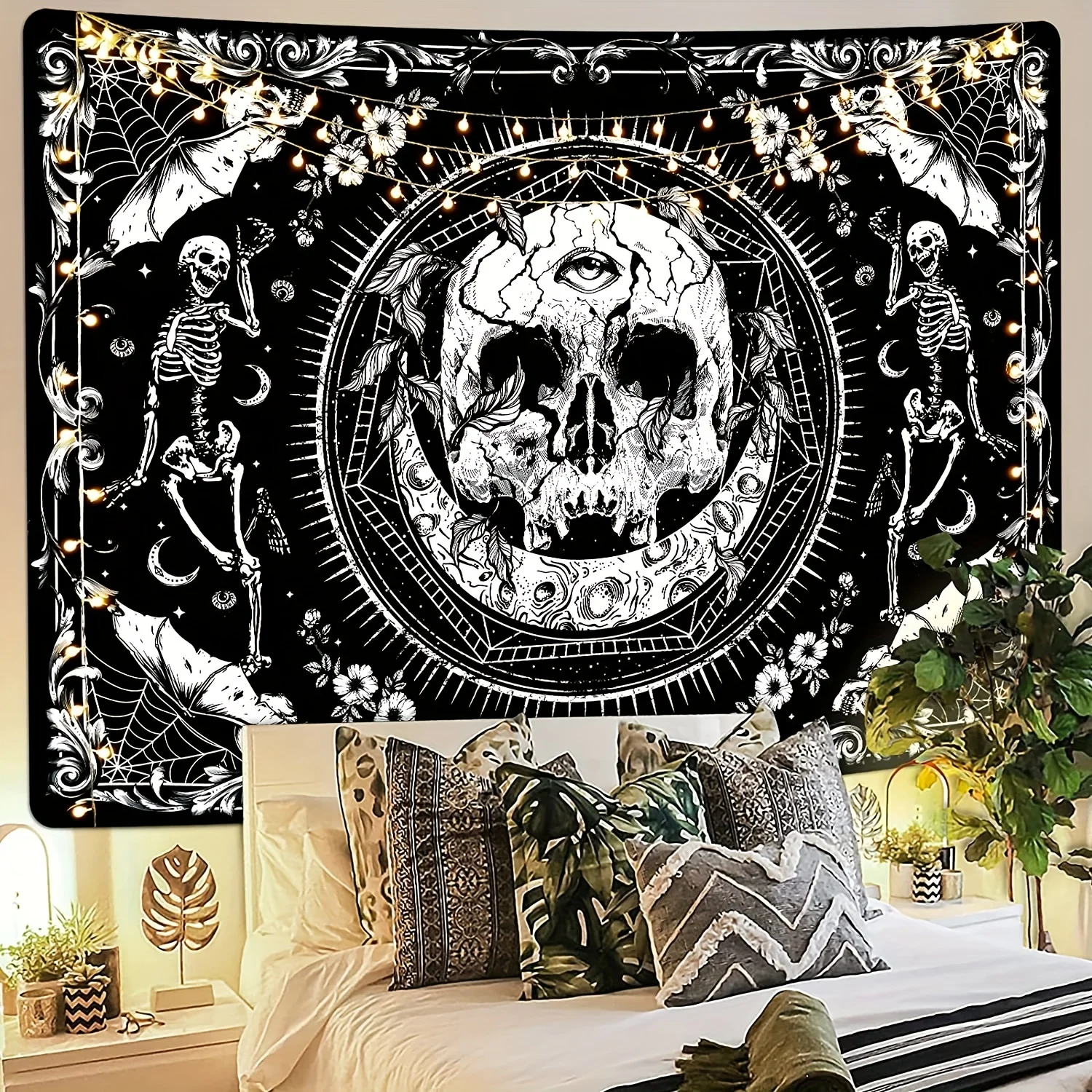 1pc Boho Skull Print Tapestry, Wall Hanging Peach Skin Tapestry For Living Room Bedroom Dorm Room Decor Home Decor