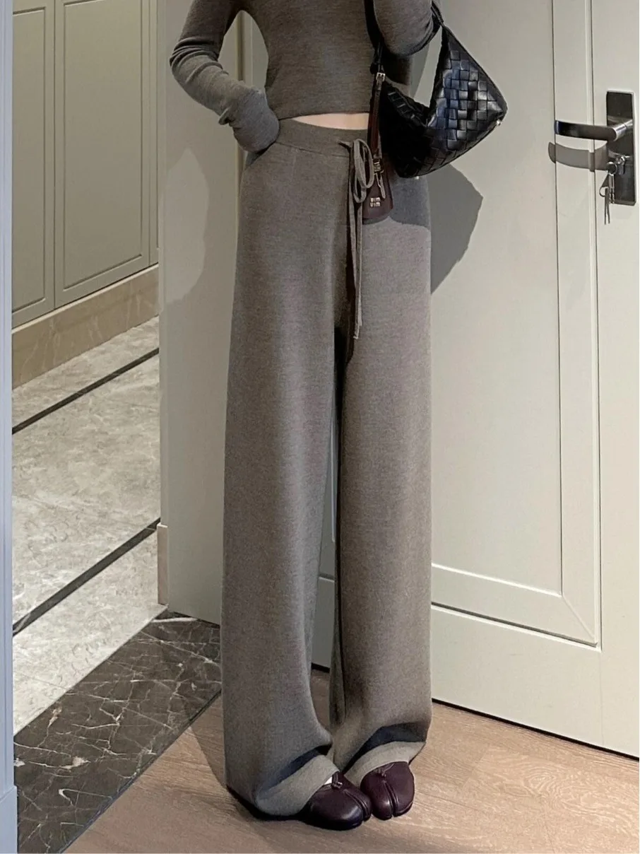 

Широкие шерстяные брюки с высокой талией для женщин, утягивающие брюки длиной до пола с глубокими глазами, удобные вязаные повседневные брюки