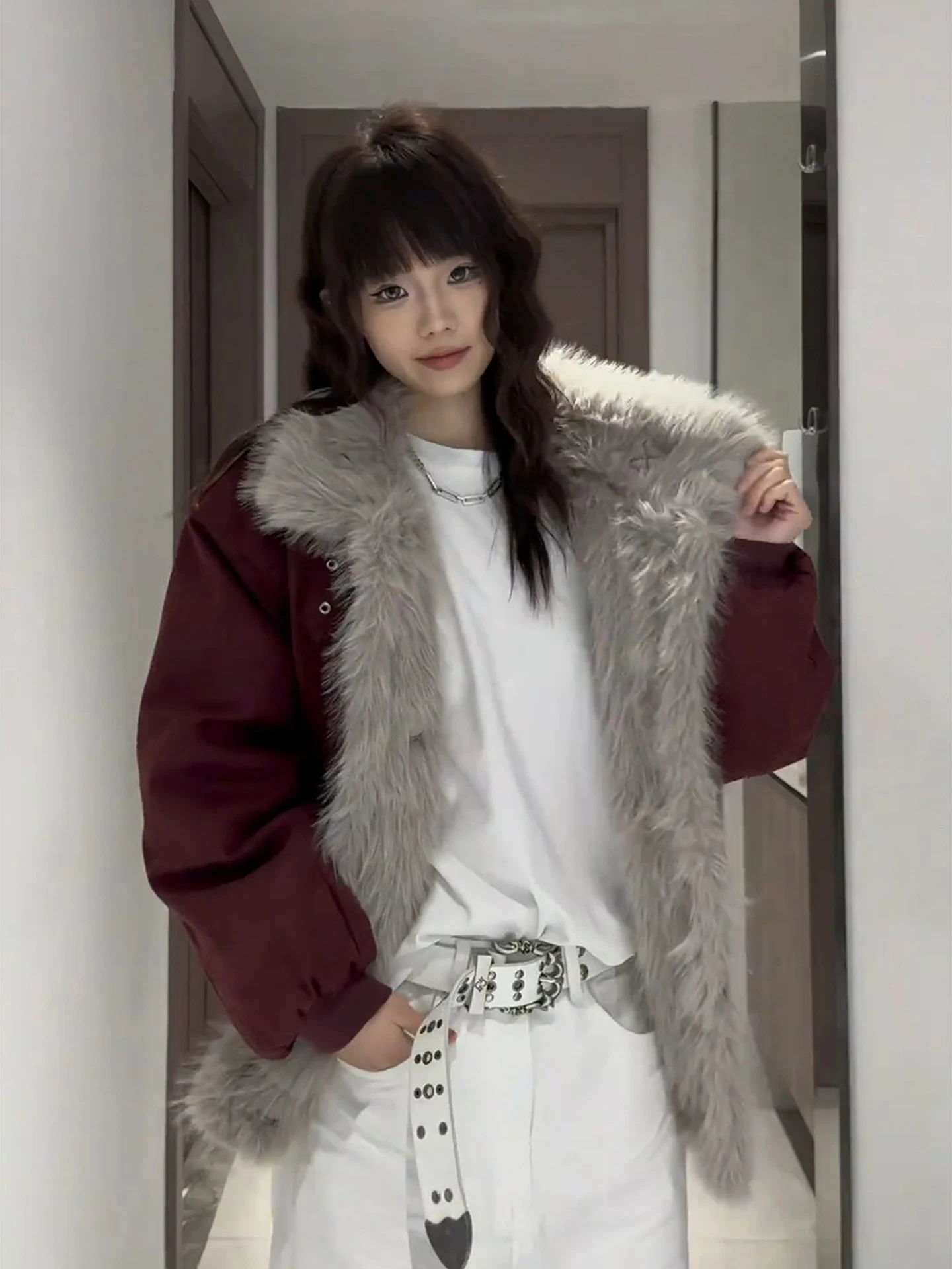 

Red Wine Color Mountain Eagle Fur Collar Jacket Cotton Clothes Men's Winter CleanFit American Deconstruction Fleece Short Coat