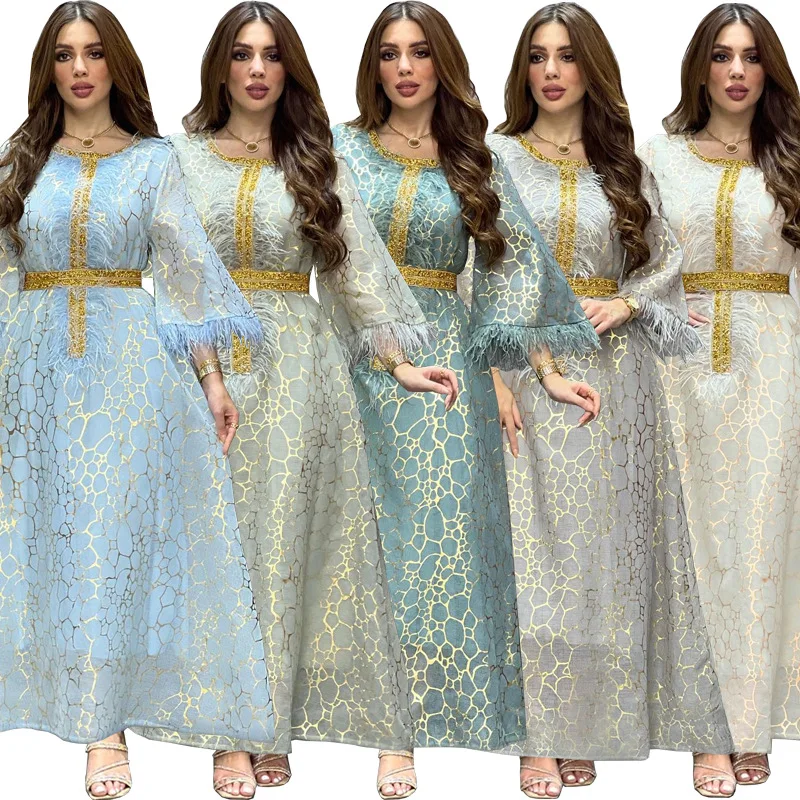 

Dubai Dress Spring Summer Muslim Women Abaya Robe Middle Eastern Arabian Clothing Gold Foil Rhinestone Embellished Evening Gown