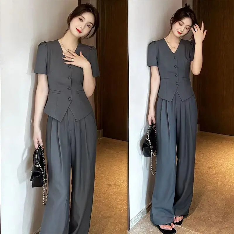 

2024 Summer New Casual Sunscreen Slim Versatile and Fashionable Two Piece Women's Blouse Trousers Matching Set Commuting YC255