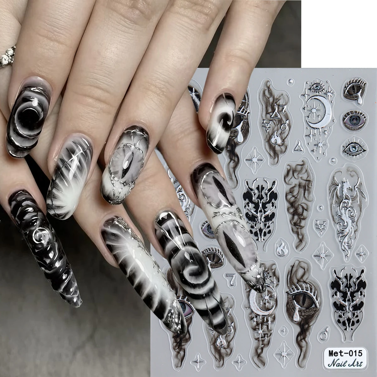 ゴシック調の神秘的なアイネイルステッカー、黒煙の月と星とドラ - Nail Art Maroon のレビューと価格
