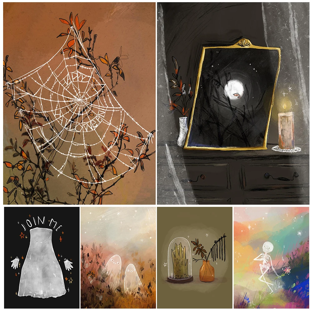

Leisurely Skeletons And Ghosts Vintage Wall Art Moonlight Ghost And Forest Abstract Witchcraft Element Art Poster Print Decor