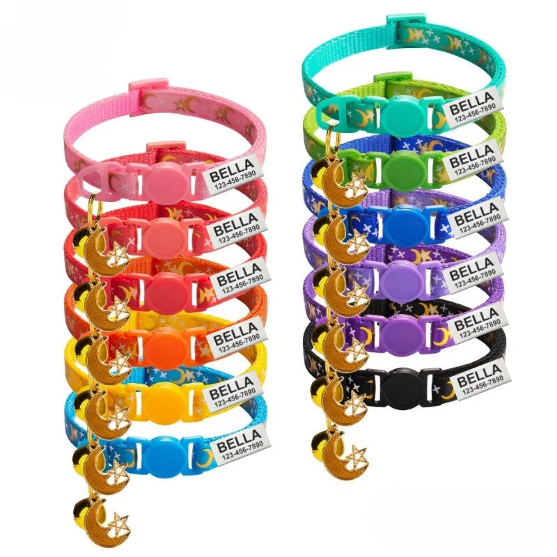 

Custom Safety Cat Collar Personalized Cute Kitten Puppy Collars with Bell ID Name Tag Nylon Print Pet Cats Necklace Accessories