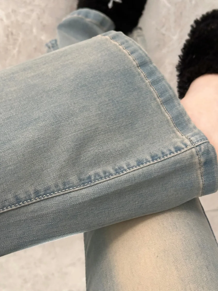 بنطلون جينز أمريكي عتيق الطراز بخصر عالٍ وأرجل واسعة للنساء، مقاسات كبيرة، مرن ونحيف، بطول كامل، بنطلون دنيم أزرق للخريف