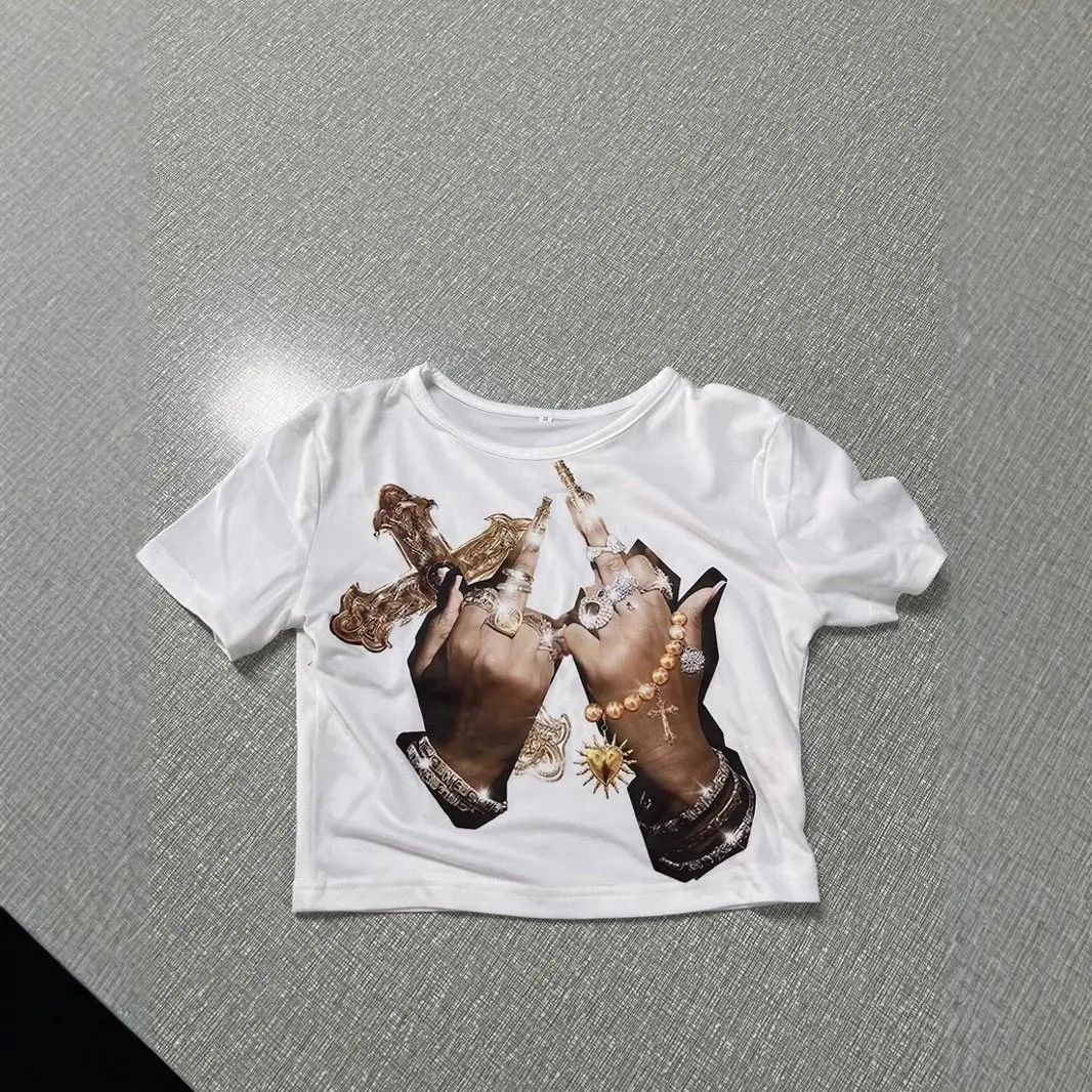 03281 Cross-Border New Product Belly T-Print Short Sleeve Women's T-Shirt round Neck Polyurethane Elastic Fiber Summer 2023
