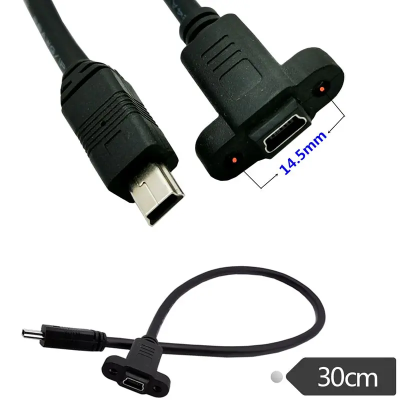 30cm Mini USB 5-Pin Male to Female Data Charging Extension Cable With Ear Screw Holes for Fixation, Mini T-Port Male to Female