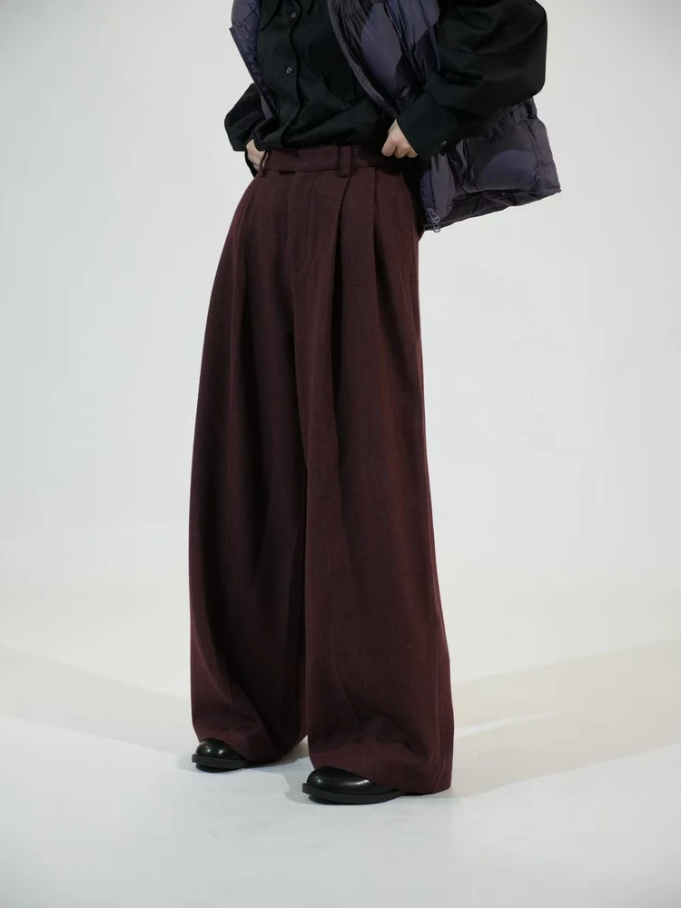 

Бордо Красные шерстяные костюмные брюки свободного покроя с высокой талией, широкие длинные брюки для женщин, зима 2025 Faion Trend