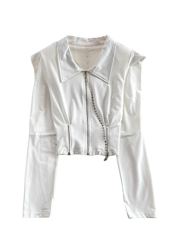 Elegancki top z poduszkami na ramionach, kołnierzem i zamkiem błyskawicznym dla kobiet, modny design, styl spicy girl, modny top na jesień 2025.