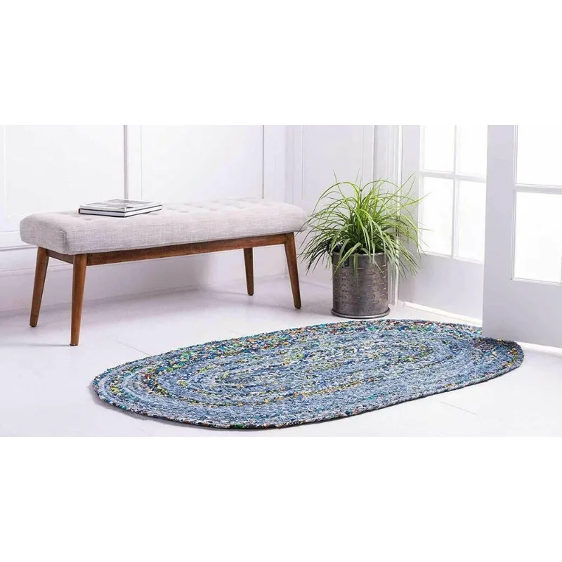 Oval Rug Denim 100% Natural Braided Style Rug Reversible Rustic Modern Area Rug