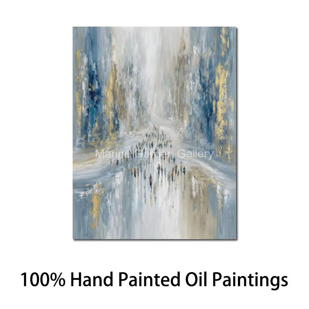 Splitting the Red Sea Blue Gold Judaic Canvas Art Handmade Jewish Oil Painting Jerusalem Artwork for Living Room Home Decor