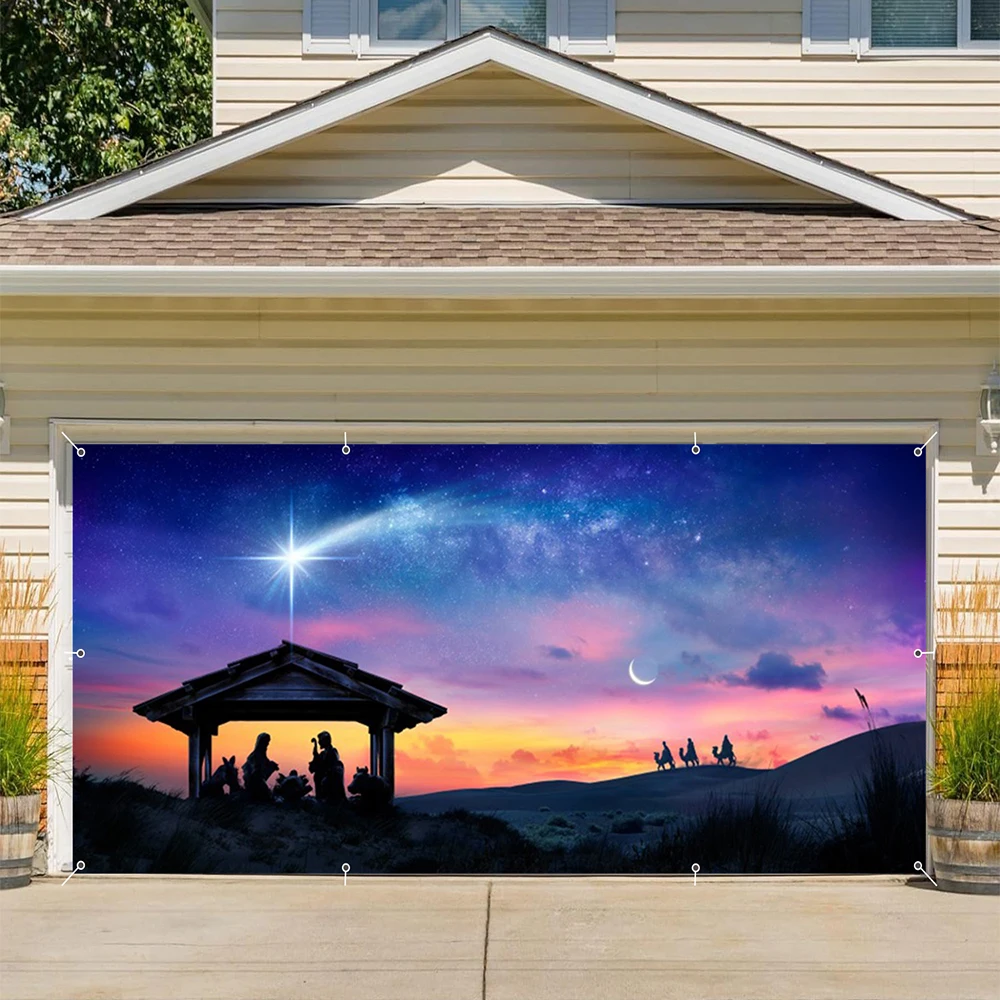 Christmas Jesus Nativity Garage Door Backdrop Birth of Jesus Holy Night Angel Outdoor Home Courtyard Garage Door Background Deco