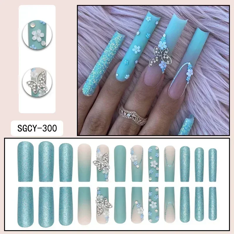 24Pc Long Sky Blue Press on Nails 3D Butterfly Flower Design False Nails French Gradient Frosting Coffin Full Over Fake Nail Tip