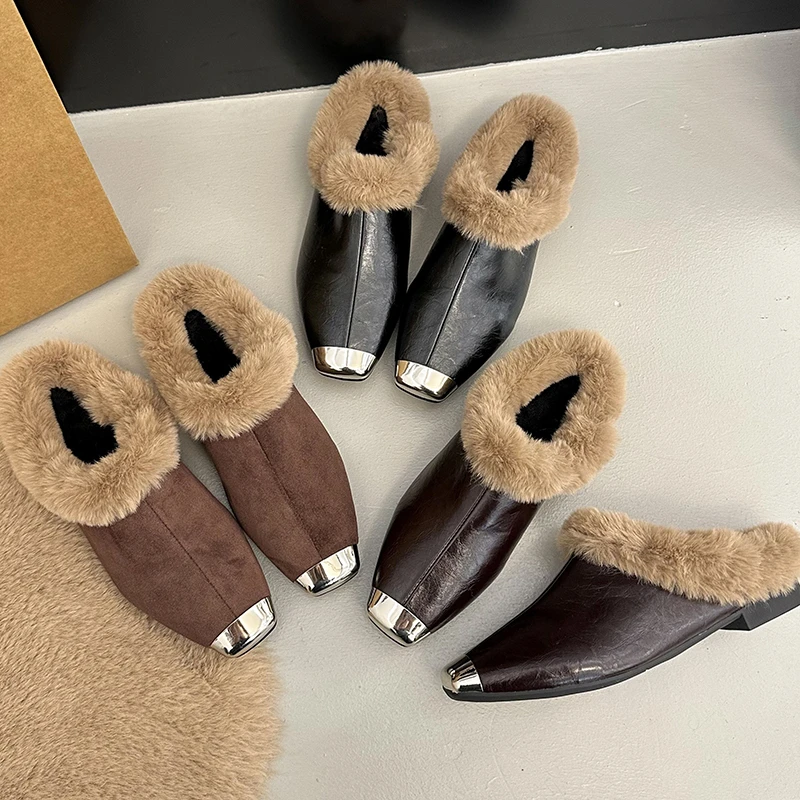 

2025 New Autumn and Winter Lightweight Baotou Fuzzy Half Slippers Women Wear Fashion Lazy Medium Heel Block Heel