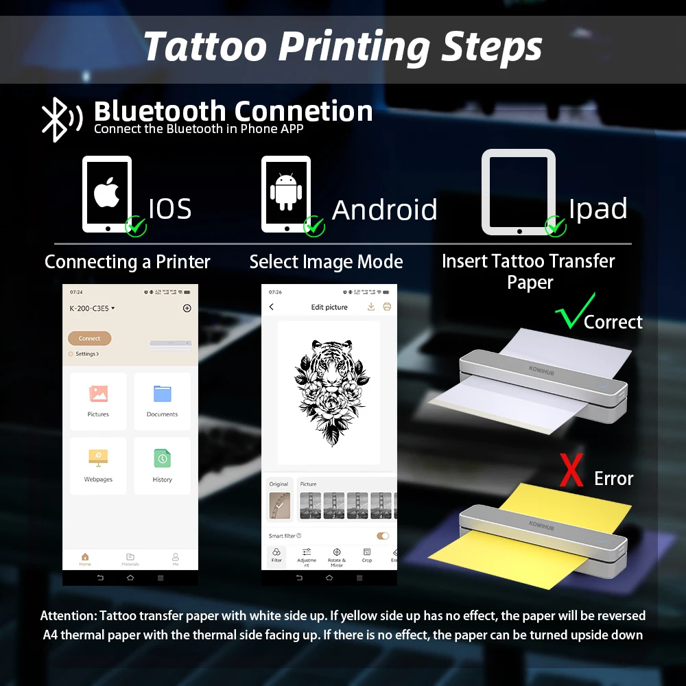 Impresora de transferencia de tatuajes inalámbrica K200, papel de transferencia de tatuajes móvil térmico, Bluetooth, portátil, mayor claridad