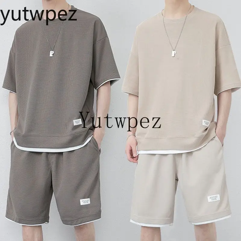 Waffle Comfortable Tracksuit Suits Summer Men's Sports Running Cycling Outdoor Hiking Casual Short-sleeve T-Shirt + Shorts Set