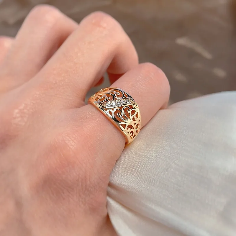 Kinel 2023 Trend 585 Rose Gold Color Micro Wax Inlay Natural Zircon Hollow Flower Ring For Women Vintage Wedding Jewelry New