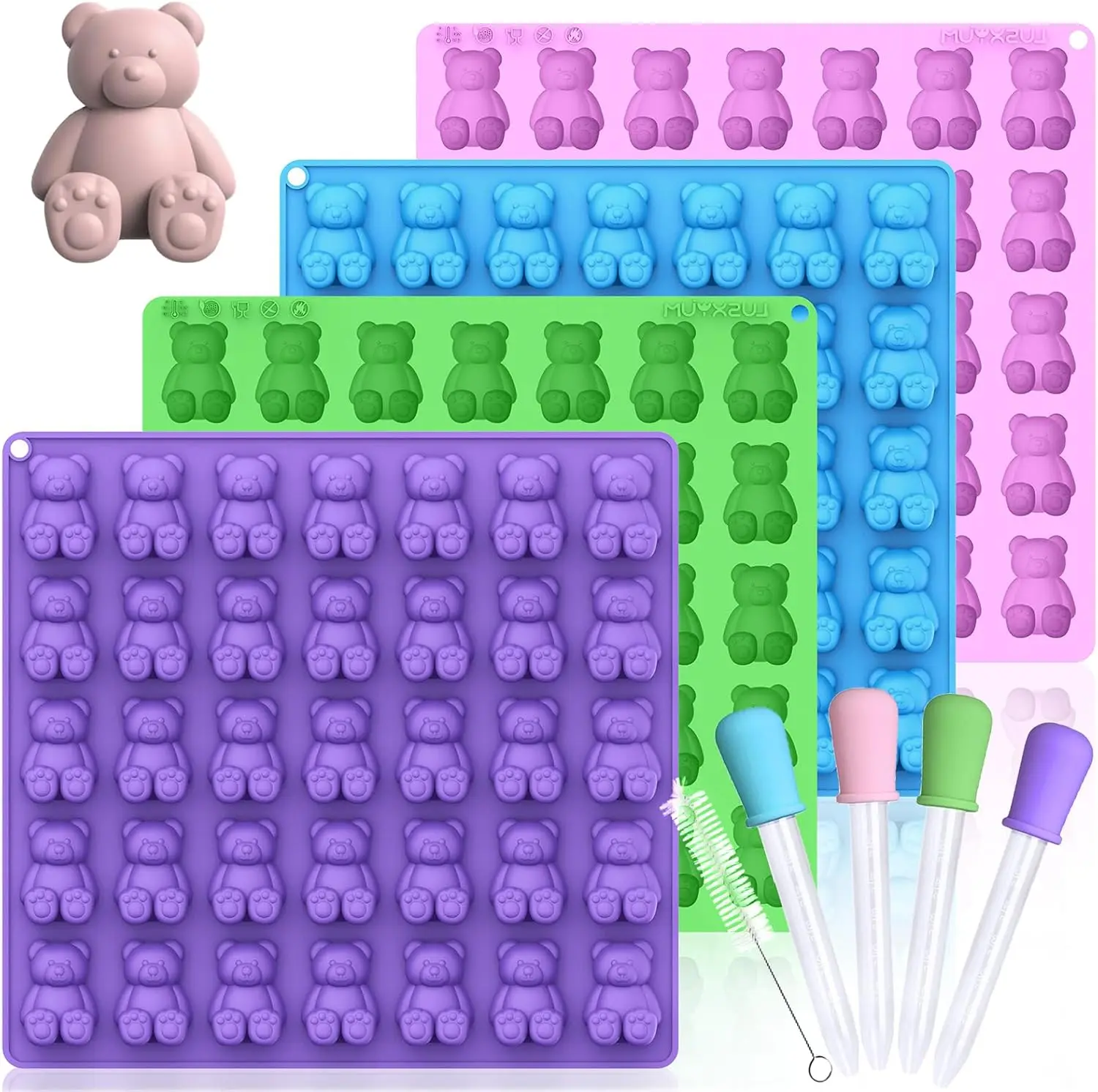 

Large Gummy Bear Molds 5ml, BPA-Free Silicone Candy Molds with 4 Droppers & Brush, 140 Cavity Set of 4